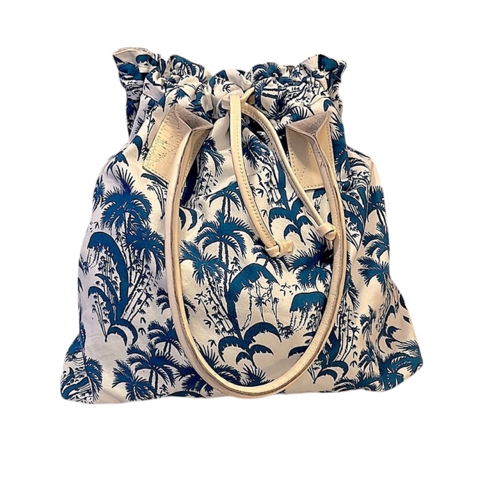 Tropical Blue White Canvas Hawaiian Print Leather Handles Drawstring Large Tote